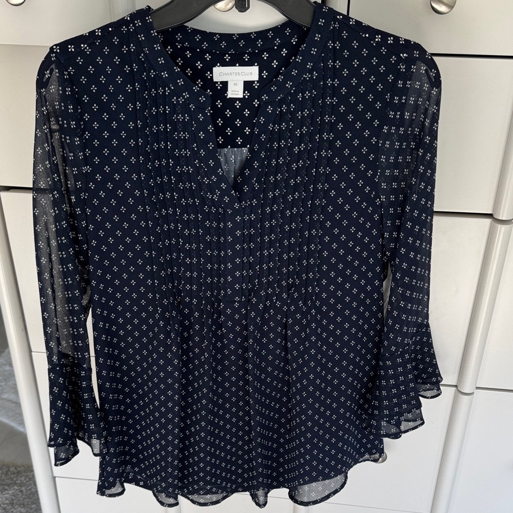 Charter Club Dark Blue Patterned Blouse Sz XS NWT